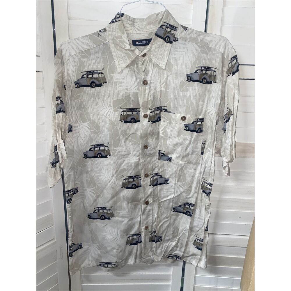 Puritan Men's Hawaiian Cream Button Shirt Size Woody Palm Tree Sz Medium